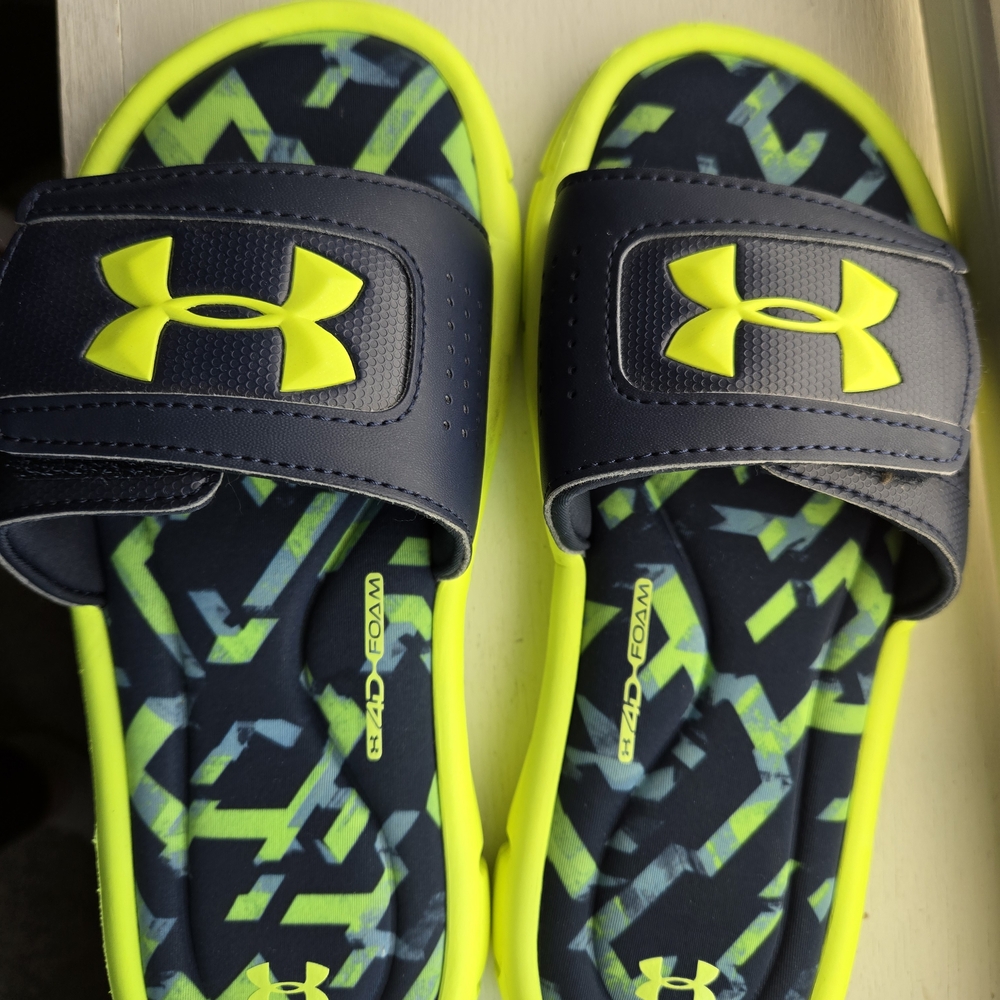 Under Armour Kids Slide Sandals - Navy and Neon Yellow